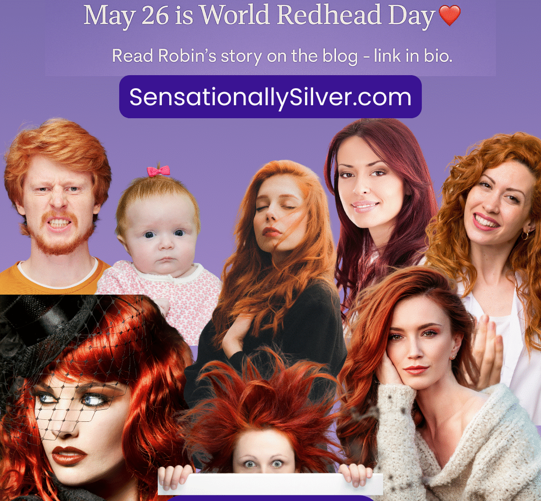 Collage of redheads of various ages and styles celebrating World Redhead Day, featuring men, women, and a baby with different shades of red hair, with blog and brand details from Sensationally Silver.