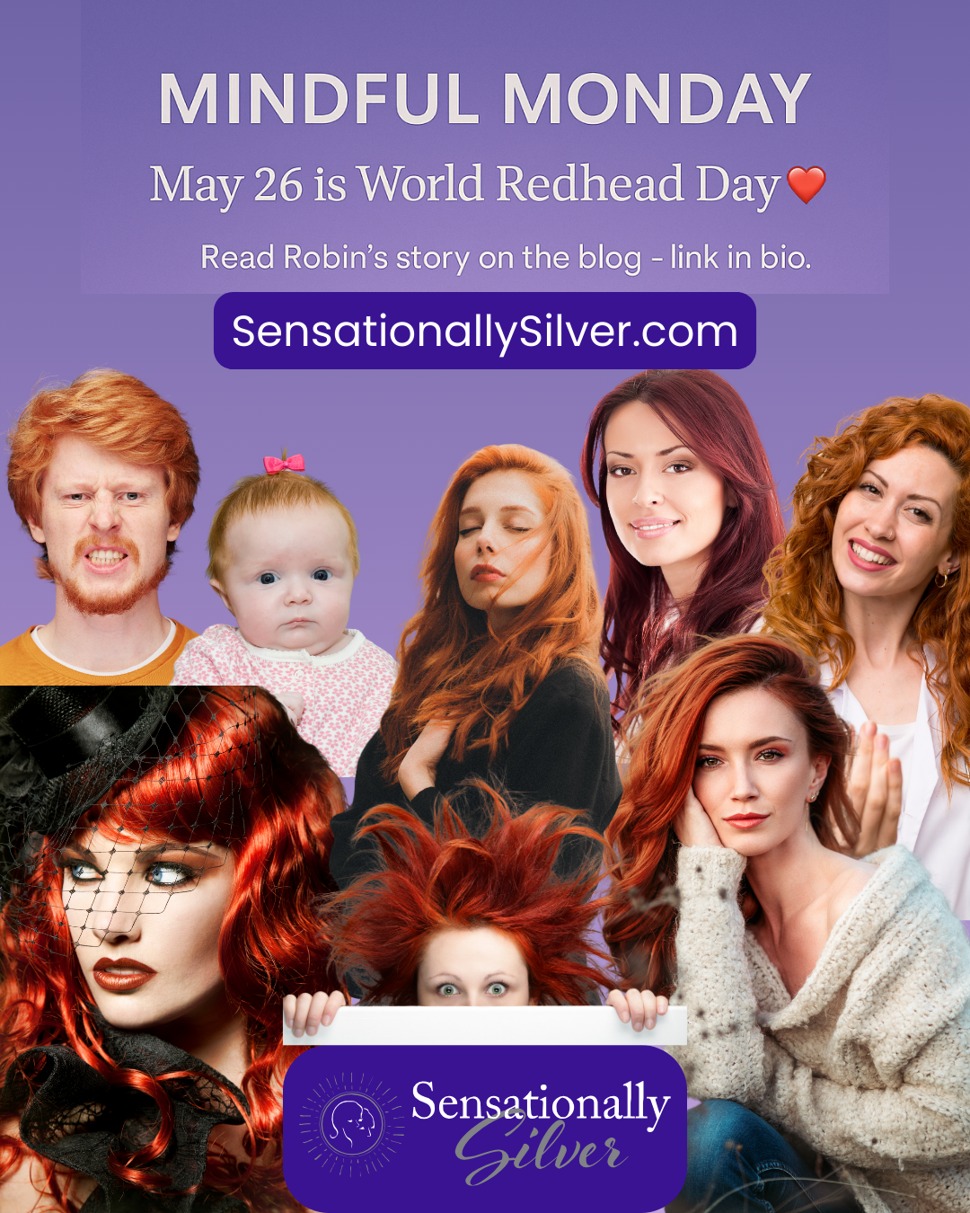 Collage of redheads of various ages and styles celebrating World Redhead Day, featuring men, women, and a baby with different shades of red hair, with blog and brand details from Sensationally Silver.